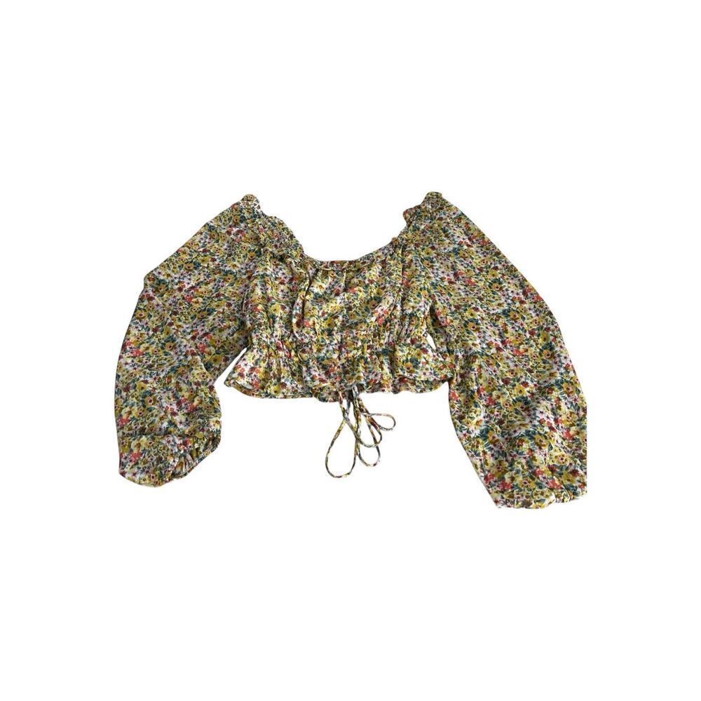 Lush Floral Smocked Crop Top Size L Yellow Multi Floral Balloon Sleeve Tie-Back